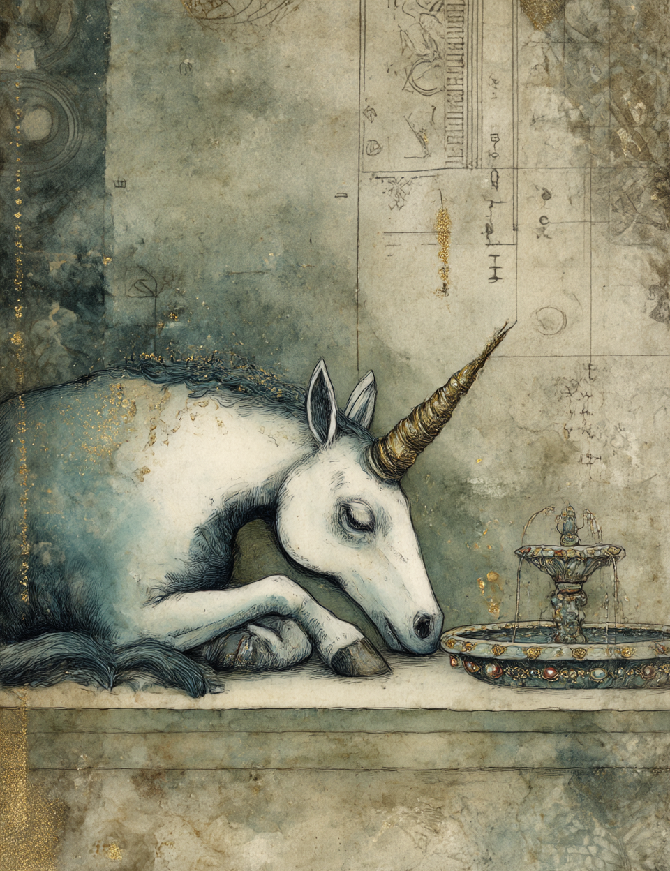 Unicorn lying on a stone surface with a bowl and map in the background