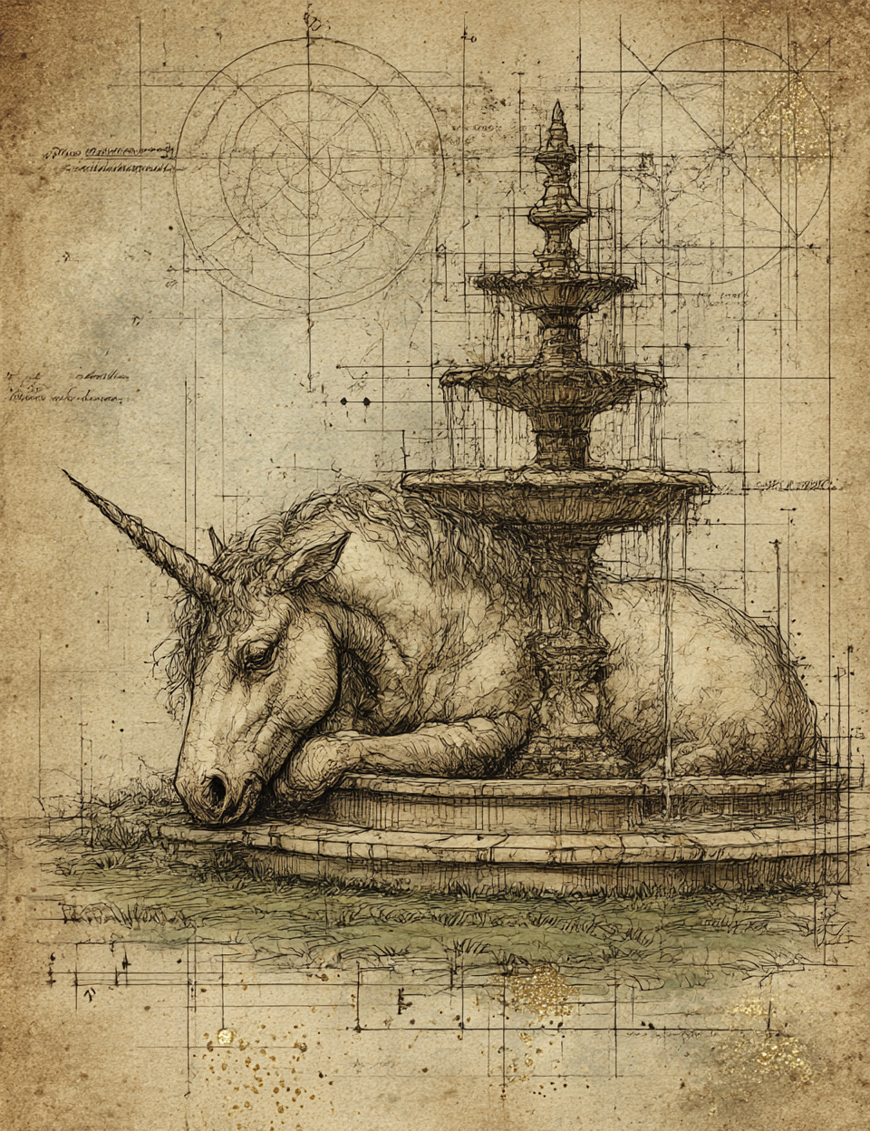 Unicorn lying on a fountain with architectural drawings and measurements in the background