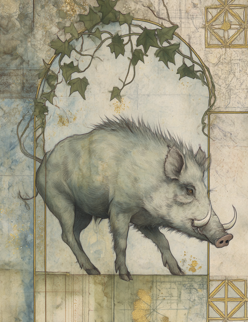 Illustration of a boar with decorative elements on a textured background