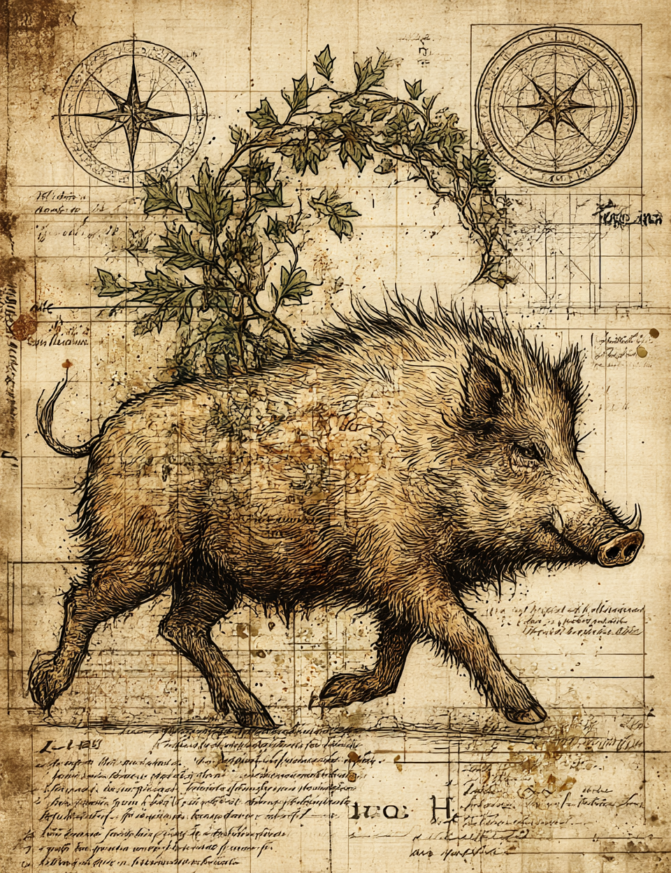 Illustration of a boar with compasses and foliage on a vintage background