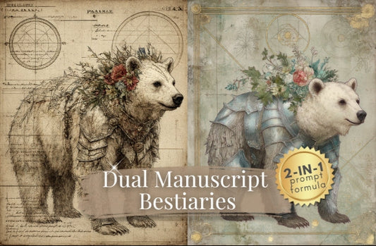 Dual Manuscript Bestiaries with bears and floral elements on a decorative background