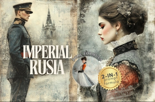 Vintage-style advertisement with a man and woman in formal attire, set against an urban landscape.