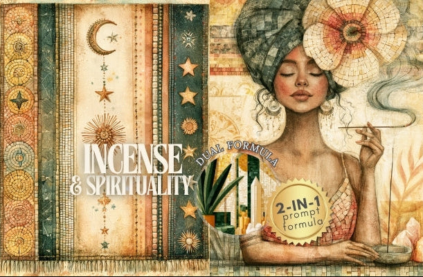 A collage-style promotional graphic for an art prompt pack titled 'INCENSE & SPIRITUALITY' with a central badge reading '2-IN-1 prompt pack.' The artwork shows a woman with a headwrap and large flower motif, decorative vertical patterned panels with stars and crescent moon, a child reading on the left, and a hand holding a flower on the right.