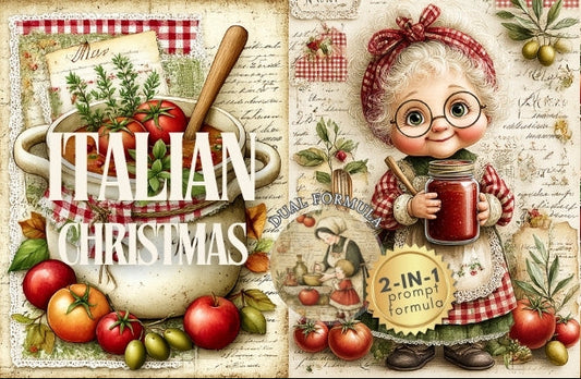 Decorative poster with Italian Christmas theme featuring a vintage-style illustration of a woman holding a jar, surrounded by fruits, vegetables, and wine glasses.