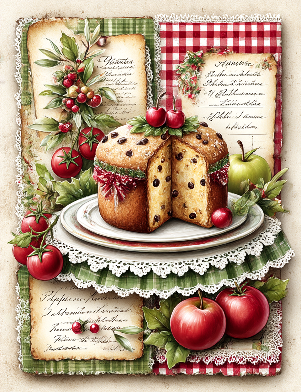 Decorative image of a sliced panettone with fruits and text on a checkered and lace background.