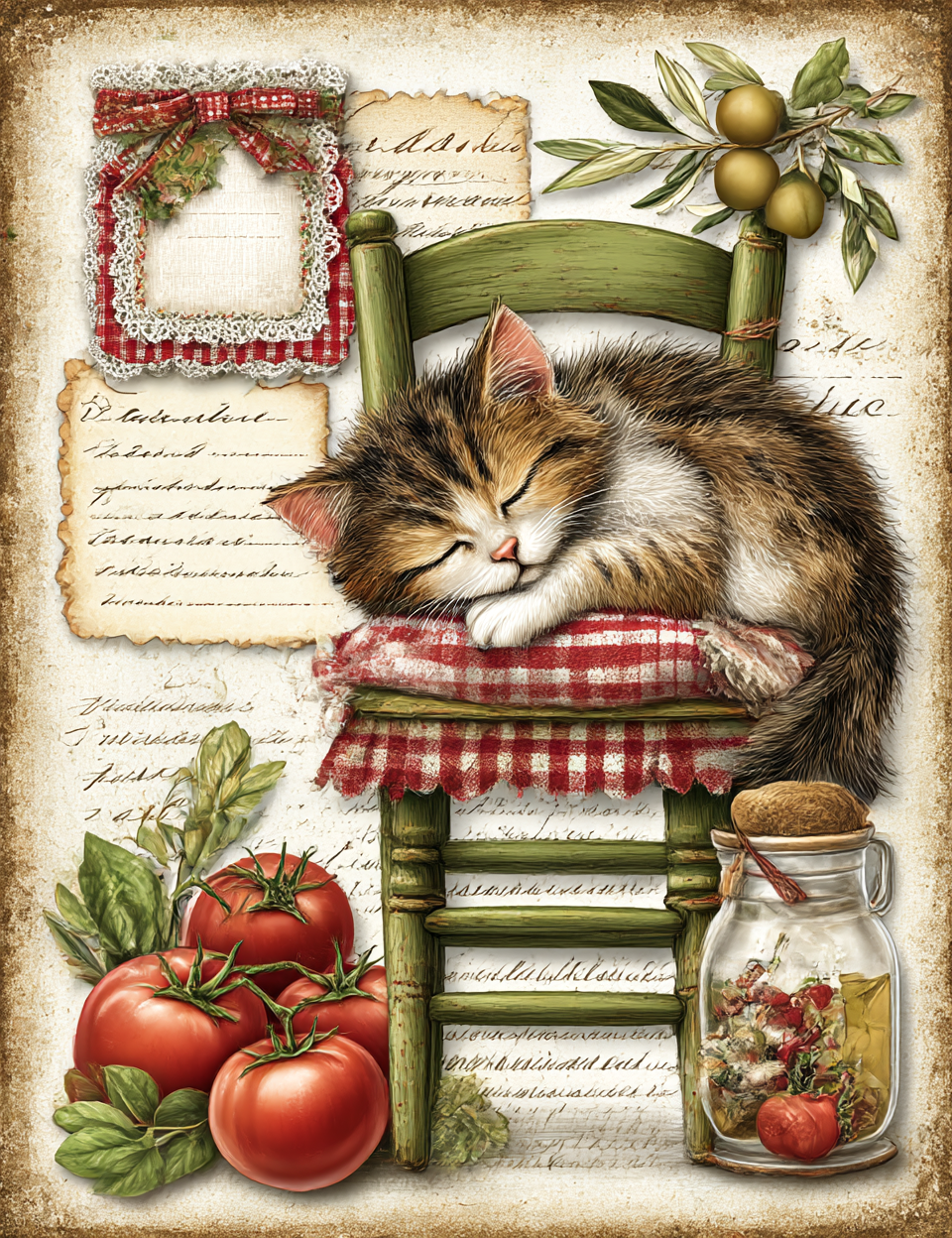 Sleeping cat on a chair with tomatoes and a jar in a decorative setting