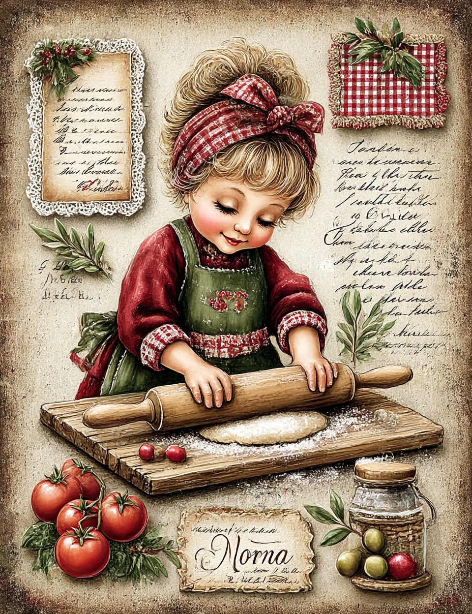 Vintage-style illustration of a young girl rolling out dough with a rolling pin, surrounded by kitchen items and text.