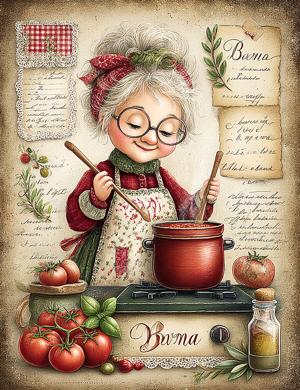 Illustration of a character cooking with a pot on a stove, surrounded by kitchen items and text.