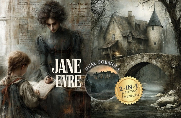 Collage of 'Jane Eyre' book cover with a woman and child, and a bridge scene.