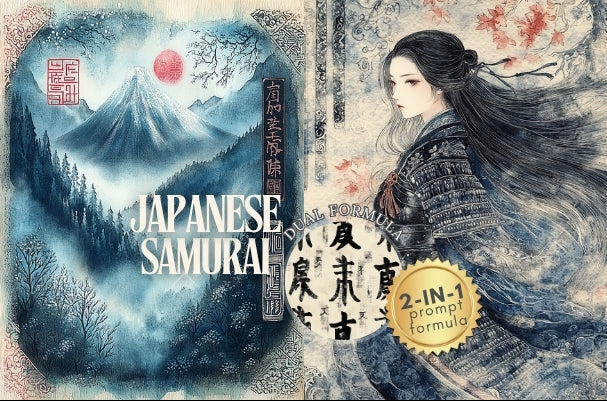 Product packaging with Japanese samurai design, mountains, and dragon, featuring text and graphics.