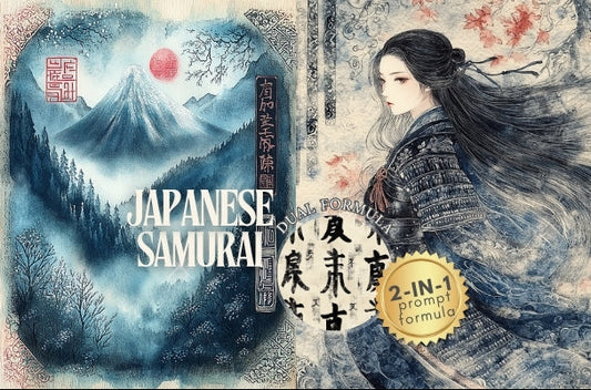 Product packaging with Japanese samurai design, mountains, and dragon, featuring text and graphics.