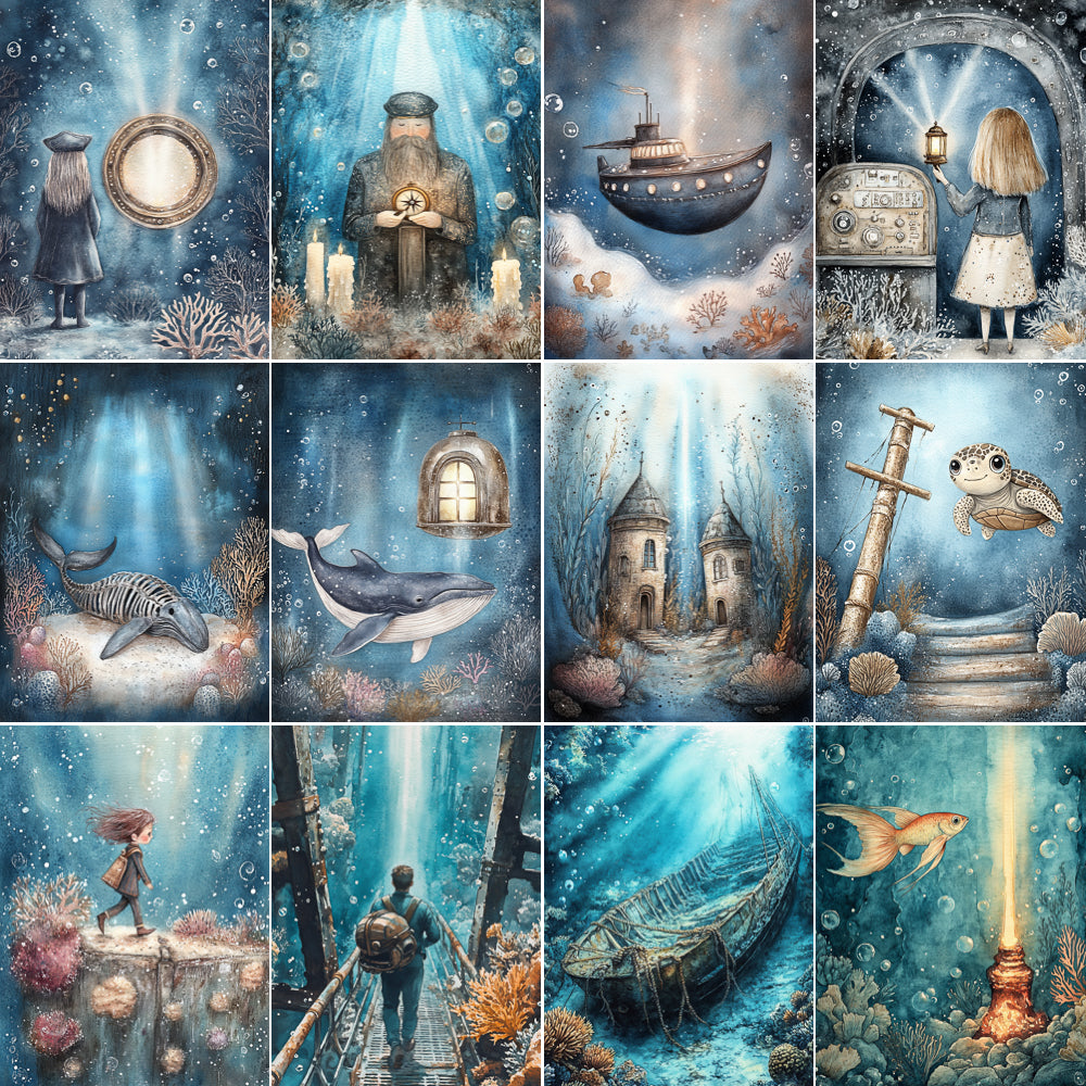 Collage of underwater fantasy scenes with characters and elements like a ship, castle, and whale.