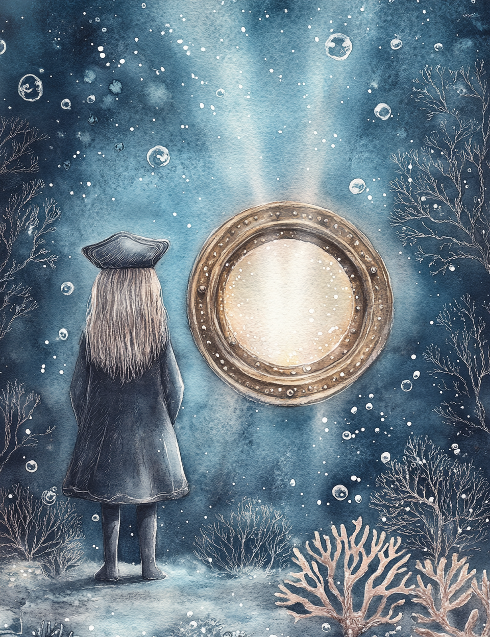 Illustration of a person in a coat looking at a glowing circular object in a mystical, underwater-like setting.