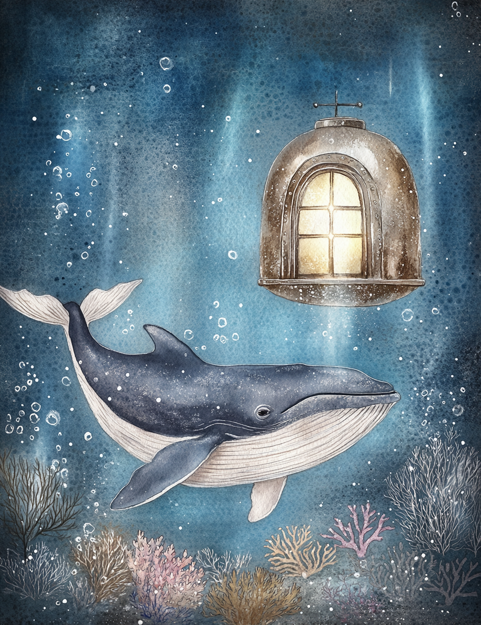 Whale swimming underwater with a glowing bell above it