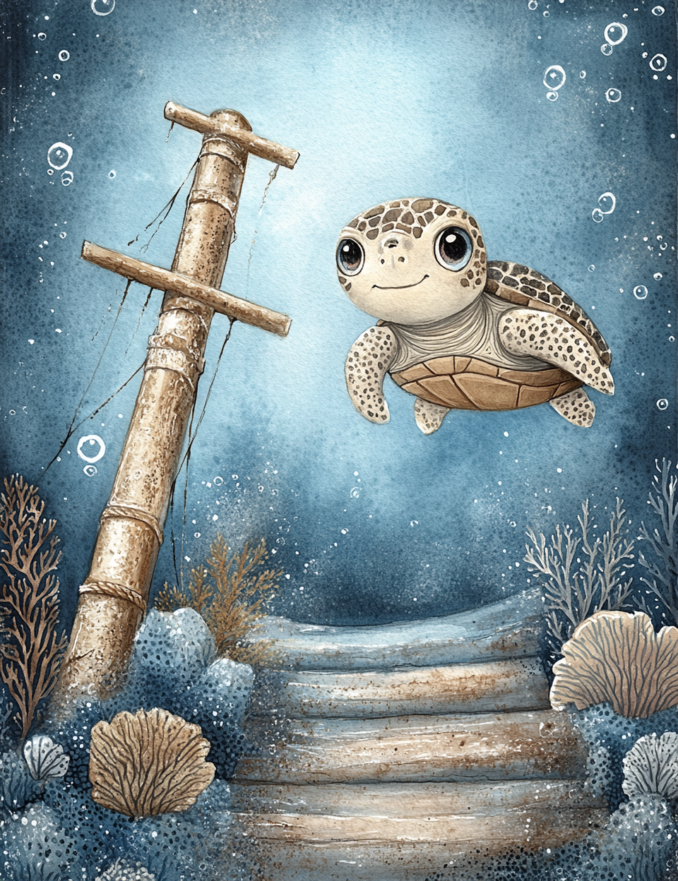 Illustration of a turtle near a wooden diving board underwater