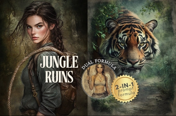 Midjourney V 6.1 Prompts for DUAL Jungle Ruins Explorer Pages