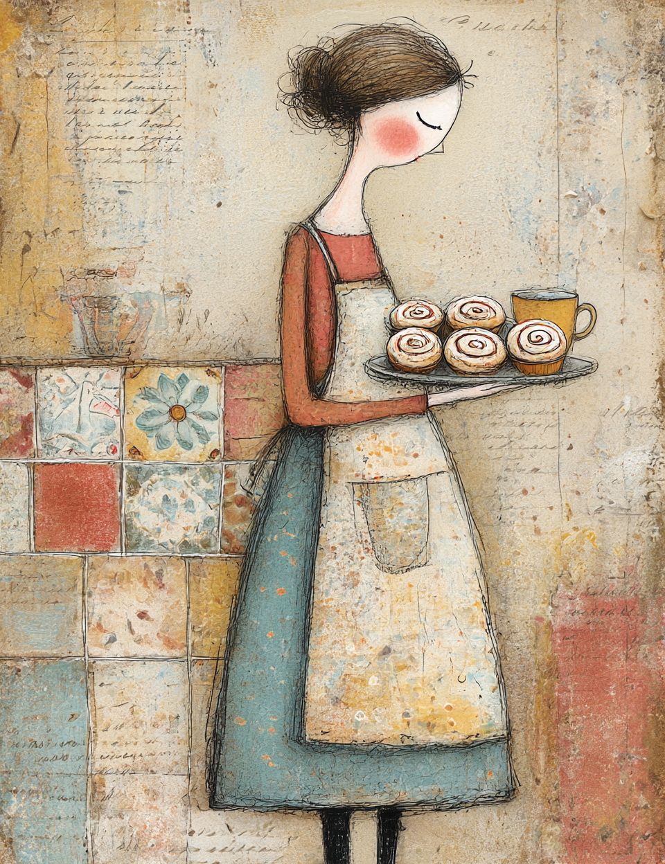Illustration of a woman in an apron holding a tray of pastries and a cup against a textured wall background.