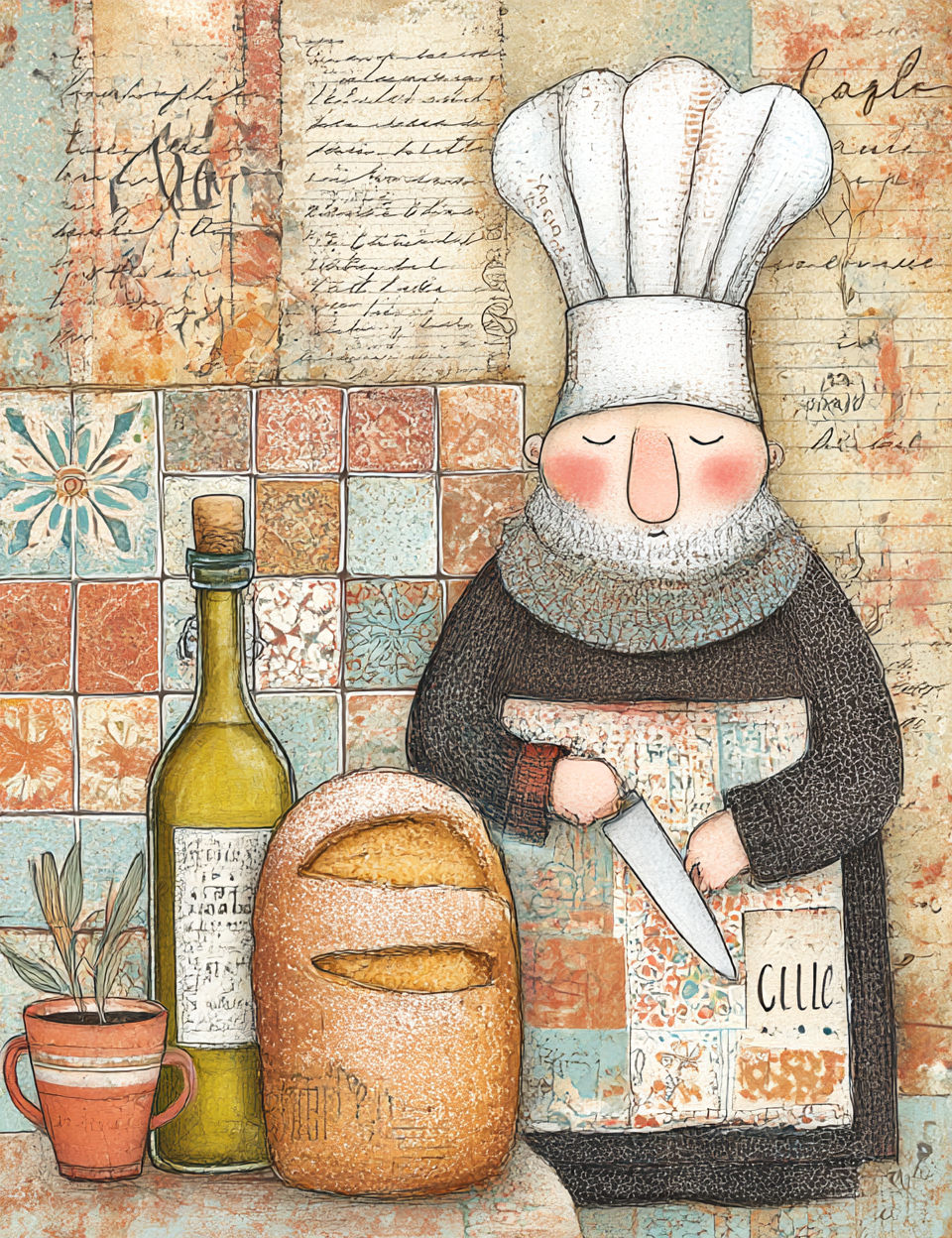 Illustration of a chef with a bottle, bread, and knife on a textured background