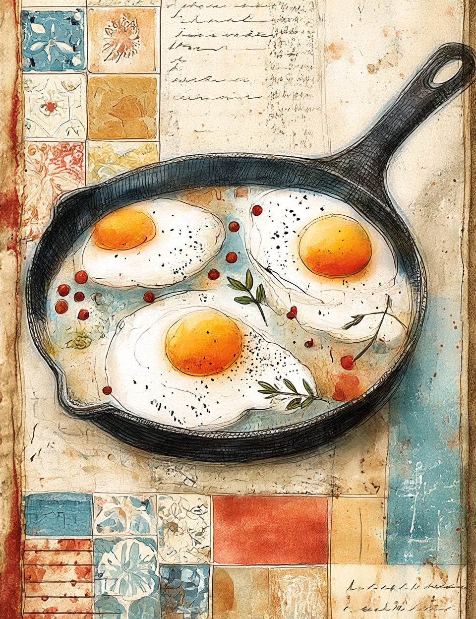 Illustration of fried eggs in a cast iron skillet on a decorative background