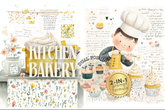 Illustration of a bakery scene with a chef, baking ingredients, and text.