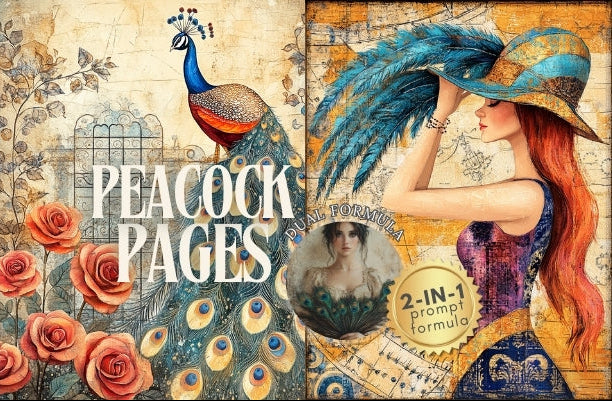 Decorative book cover with peacock feathers, flowers, and a woman's face.