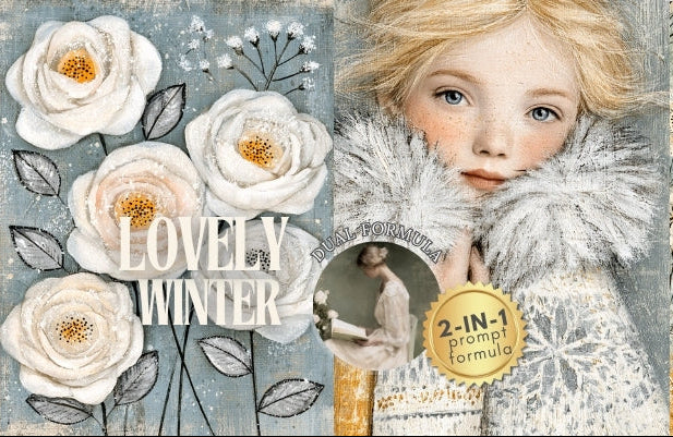 A collage-style winter-themed design with large white flowers, a young girl in a fluffy white coat, snowflakes, and the text 'LOVELY WINTER' plus a badge reading '2-IN-1 prompt formula'. This is not a clean product photo of a physical item, and it is not a measurement chart, color swatch, instruction diagram, scenery artwork sold as art, or placeholder.