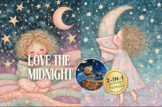 A whimsical illustrated collage with three vertical panels showing a sleeping child in bed under a crescent moon and stars, plus a teddy bear. Large text reads 'LOVE THE MIDNIGHT,' with a circular badge that says '2-IN-1 prompt formula.