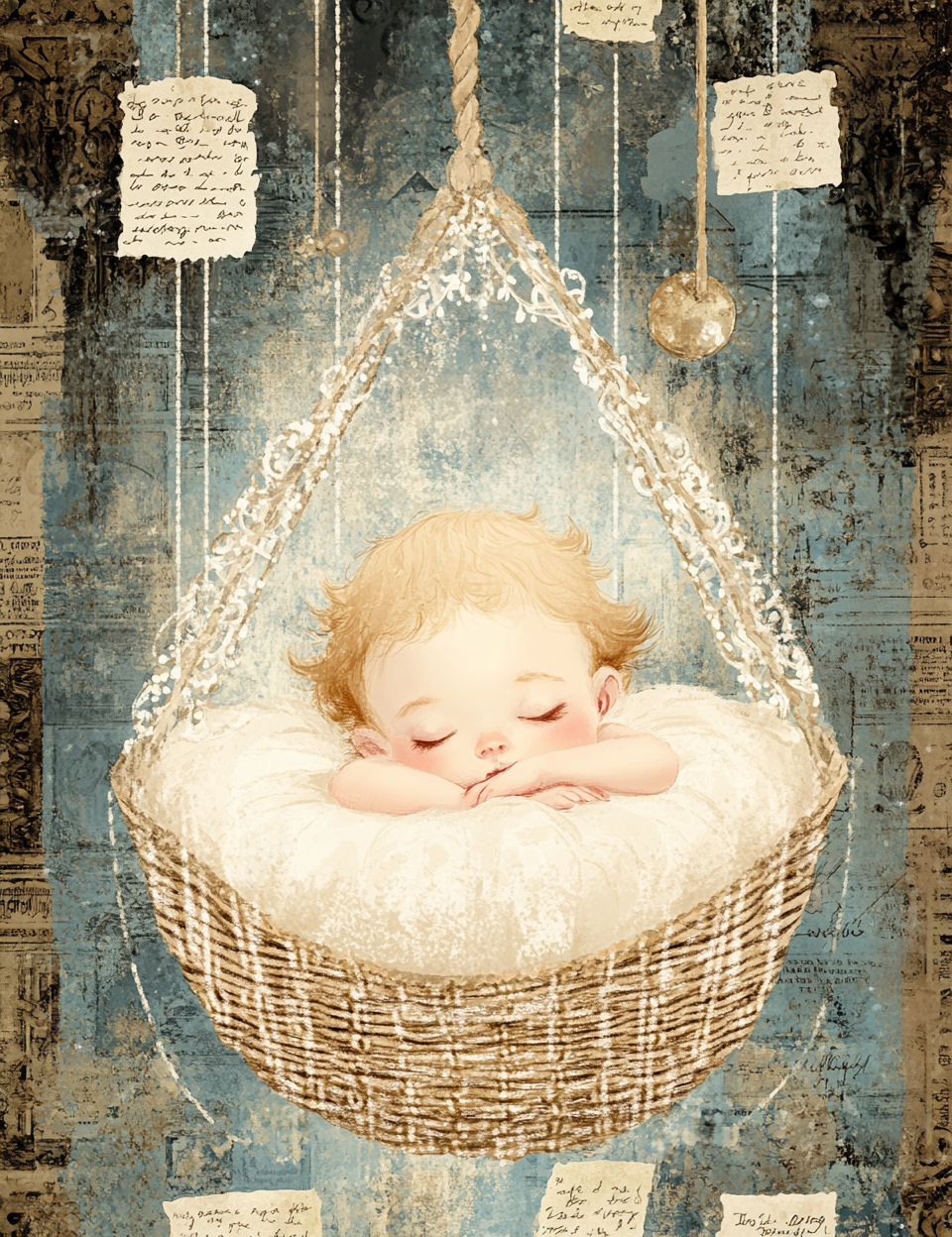Illustration of a baby sleeping in a hanging basket with a textured background
