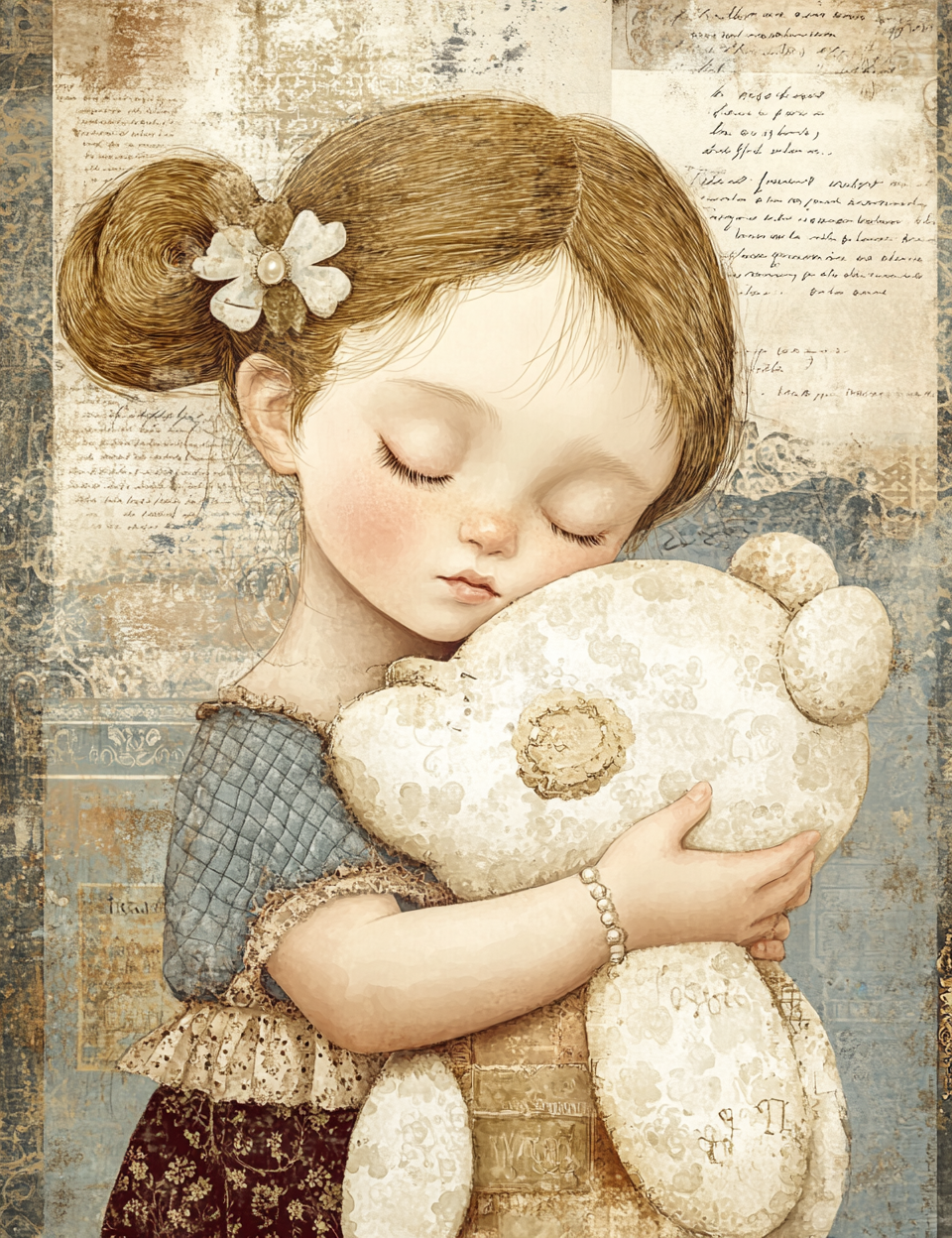 Illustration of a young girl holding a teddy bear against a textured background