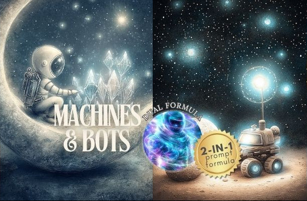 A four-panel sci-fi illustration set featuring an astronaut sitting in a crescent moon, a robot with a glowing orb and the text 'MACHINES & BOTS', a blue crystalline sphere, and a telescope on a desert-like space landscape. A gold badge reads '2-IN-1 prompt formula'.