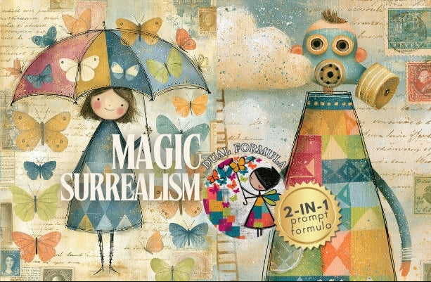 Collage of surrealistic art with colorful elements and text.