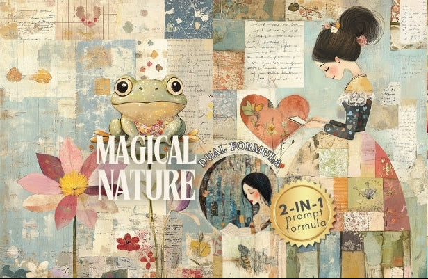 A collage-style illustrated design with the words “MAGICAL NATURE” in the center, featuring a frog, a small animal, flowers, handwritten notes, hearts, and fruit on a patchwork background. A circular badge reads “2-IN-1 prompt formula.