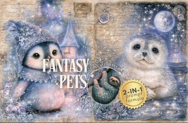 A collage-style promotional graphic for a 'Fantasy Pets' 2-in-1 prompt pack, featuring whimsical illustrations of small fantasy animals like a penguin in a hat, a sloth, and foxes under a full moon, with a gold badge reading '2-IN-1 prompt pack'.