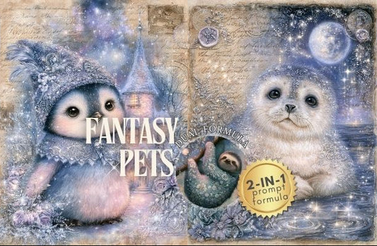 A collage-style promotional graphic for a 'Fantasy Pets' 2-in-1 prompt pack, featuring whimsical illustrations of small fantasy animals like a penguin in a hat, a sloth, and foxes under a full moon, with a gold badge reading '2-IN-1 prompt pack'.