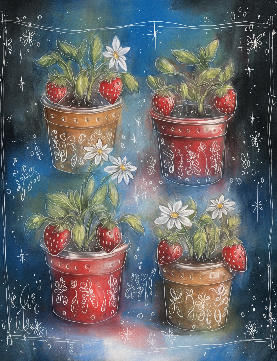 Illustration of four potted plants with strawberries on a blue background