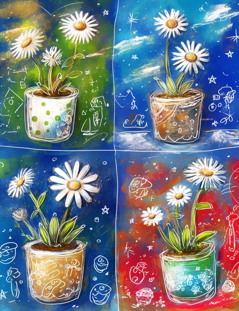 Four-panel illustration of potted plants with daisies against colorful backgrounds.