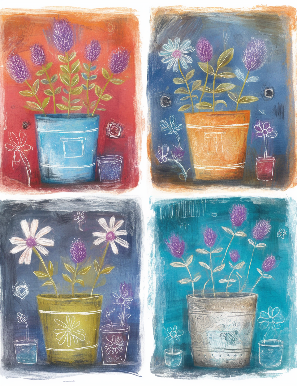 Four square panels with potted plants in different pots on a colorful background