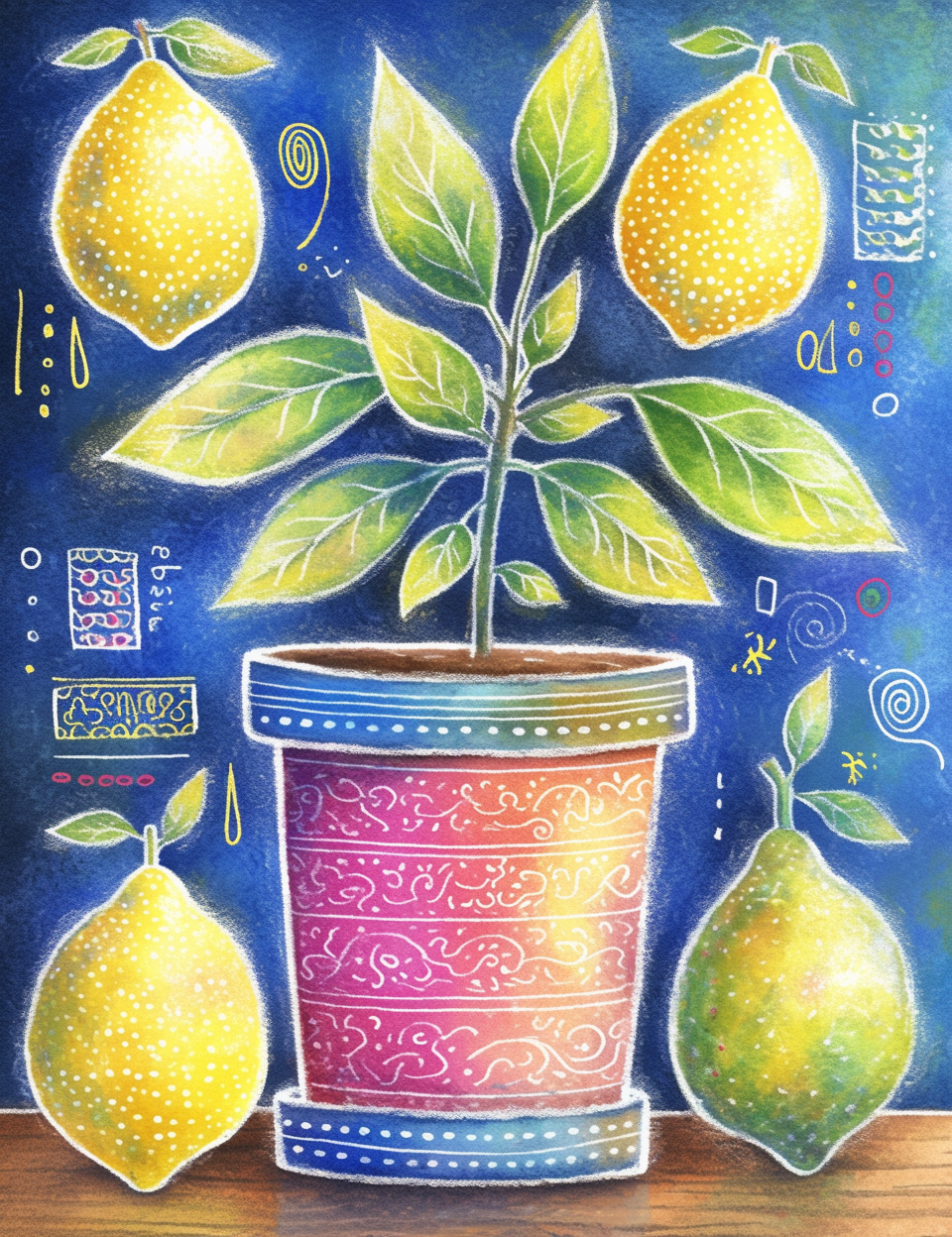 Colorful illustration of a potted plant with lemons on a blue background