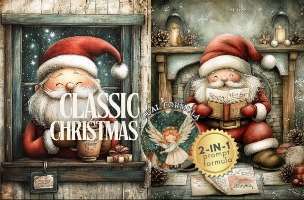 Collage of Christmas-themed product packaging with Santa Claus, reindeer, and Christmas tree.