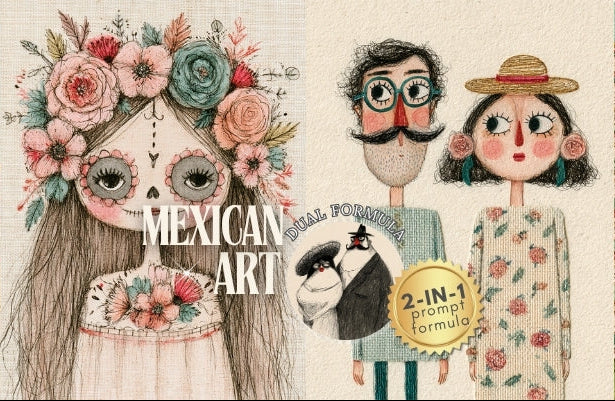A collage-style Mexican art illustration featuring three stylized figures: a woman with a floral crown and large eyes, a man with glasses and a mustache, and a woman in a straw hat, alongside architectural details and the text 'MEXICAN ART' and '2-IN-1 prompt formula'.