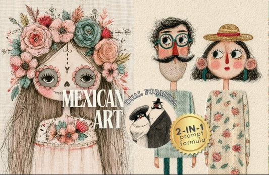 A collage-style Mexican art illustration featuring three stylized figures: a woman with a floral crown and large eyes, a man with glasses and a mustache, and a woman in a straw hat, alongside architectural details and the text 'MEXICAN ART' and '2-IN-1 prompt formula'.