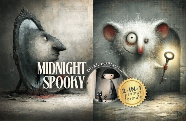 Three illustrated characters with a 'Midnight Spooky' product label in a dark, eerie setting.