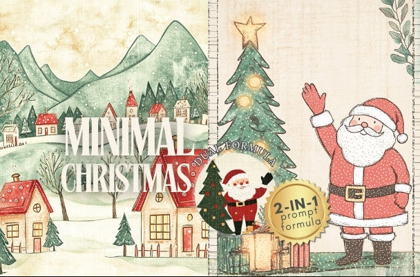 Vintage-style Christmas scene with Santa Claus, trees, and houses on a textured background.