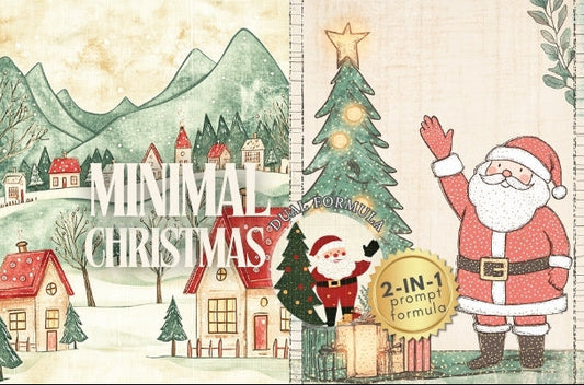 Vintage-style Christmas scene with Santa Claus, trees, and houses on a textured background.