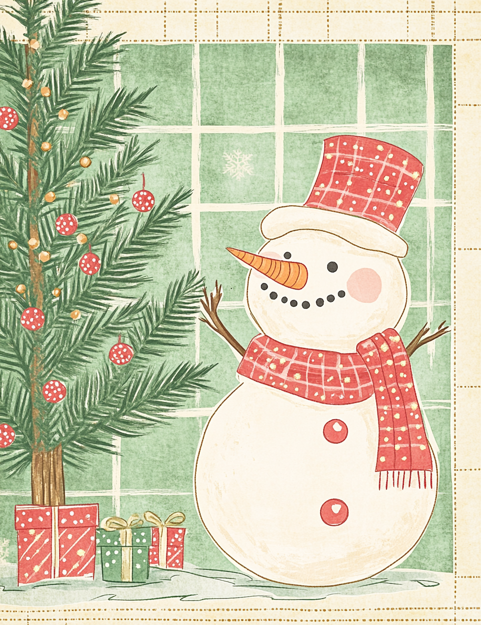 Vintage-style Christmas scene with a snowman, tree, and presents on a checkered background.