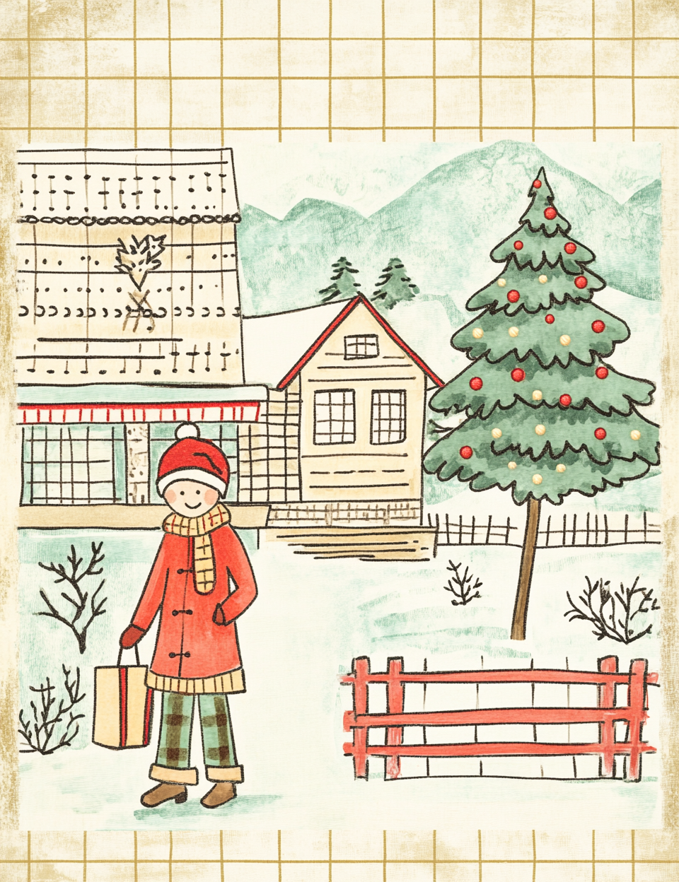 Illustration of a person in a red coat standing in front of a house with a Christmas tree, on a grid background.