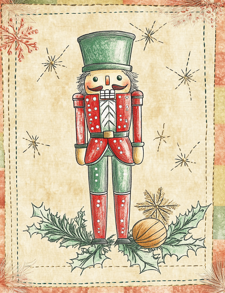Decorative nutcracker illustration with holly leaves and a ball on a textured background.