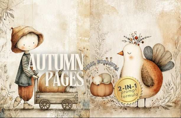 Decorative book cover with autumn-themed illustrations of a boy, girl, and animals on a beige background.