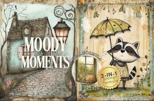 Illustrated cover of 'Moody Moments' with a raccoon holding an umbrella and a quaint village scene.