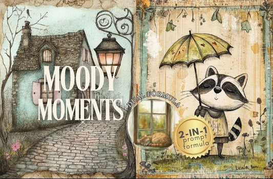 Illustrated cover of 'Moody Moments' with a raccoon holding an umbrella and a quaint village scene.